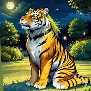 A festive scene for Patrick's Day with a majestic tiger perched on a lush green meadow in the moonlight. The tiger's fur is vibrant and detailed, with golden stripes that shimmer in the night. The moonlight casts a soft glow, illuminating the surroundings. The background is filled with rich shades of greens, representing the Irish landscape. It showcases a lively celebration in the distance with people dancing, wearing green attire, and expressing joy. The overall high-quality and realistic rendering captures the essence of the festival with vibrant colors, sharp focus, and ultra-detailed features of the tiger and the landscape. The art style is a blend of traditional illustration and photorealism, creating a visually stunning and captivating image. The lighting is soft and gentle, complementing the moonlit atmosphere and creating a harmonious composition.