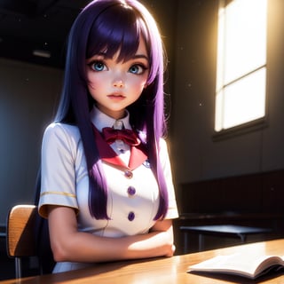 1girl, long midnight purple hair, golden light eyes, sit in class, white school modern uniform, anime