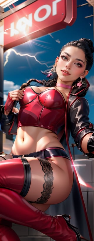 beautiful latino lilianmorningstar, latex choker, leather trenchcoat, croptop , confident, pink star earrings, cinematic lightning, action pose, lens flare, hair braids,  stockings, subway