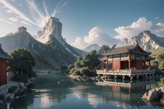 (8k, best quality, top level: 1.1), wide-angle lens:1.1,traditional architecture, high mountains and white clouds, clouds, ((Traditional Chinese Pavilion)), pilgrim,morning glow, sunrise, background, flowing water and detailed elements below. Desert