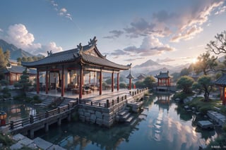 (8k, best quality, top level: 1.1), wide-angle lens:1.1,traditional architecture, high mountains and white clouds, clouds, ((Traditional Chinese Pavilion)), pilgrim,morning glow, sunrise, background, flowing water and detailed elements below. Desert