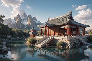 (8k, best quality, top level: 1.1), wide-angle lens:1.1,traditional architecture, high mountains and white clouds, clouds, ((Traditional Chinese Pavilion)), pilgrim,morning glow, sunrise, background, flowing water and detailed elements below. Desert