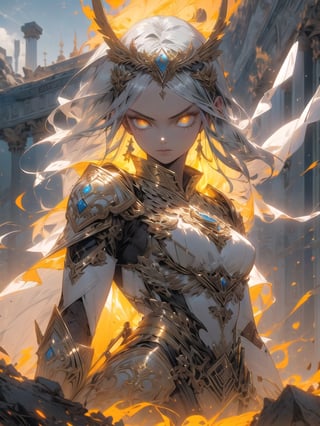 (1 valkyrie warrior girl, solo, long delicated silver hair, bright golden eyes, stunning detailed white armature with golden filigree decoration, impressive strong, proud look, looking straight), walking straight, abandoned destroyed greek temple location, earthquake effect, debri rocks floating, r1ge, close-up upper body