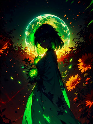 The Gaia spirit, solo, divine presence, undefined aspect, long hair, bright green eyes, radiant aura, welcoming the new Spirits, harmonious and full of love atmosphere, full earth planet background, flowers and leaves at the edge, SILHOUETTE LIGHT PARTICLES