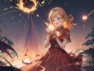 ((1 pyro-juggler girl, long curly red-yellow hair, luminous red eyes, detailed ornamented sparkly red-golden dress, playing with lotus fire flowers, excited happy mood)), fantasy magic world, old town street location::1.2, night time, sky full of starsdetailed light effect, detailed shadow effect, masterpiece quality