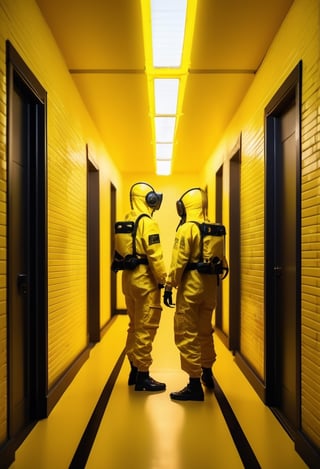 First person view, yellow labyrinth hallway location, soft neon light, minimalistic, soft paper walls, 2 guys wearing yellow radiation protective suit background, torch light effect, real engine 5 style, backroom world