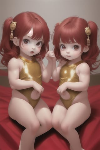 two babies 2 years old twin girls with red hair and bodybuild in japanese hobe colored red and gold