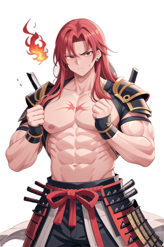 A majestic red haired with some gray hair for the age of 40, samurai stands tall against a backdrop of cherry blossom trees, their fiery locks ablaze under the soft, golden light of dawn. The imposing warrior's chest is open, revealing scars and a sea of rippling huge muscles beneath the armor. His piercing gaze, fueled by an unyielding ferocity, seems to bore into the soul. As he strikes a powerful double biceps pose, his massive physique appears chiseled from the very mountains themselves.