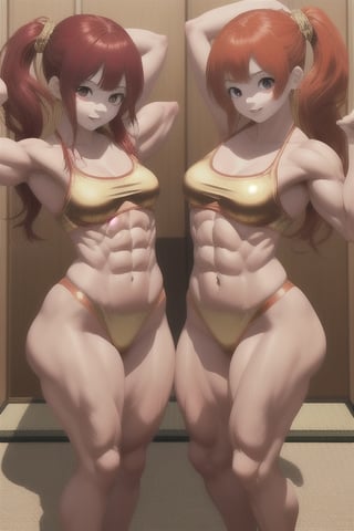 two babies 4 yearsold twin girls with red hair and bodybuild in japanese hobe colored red and gold