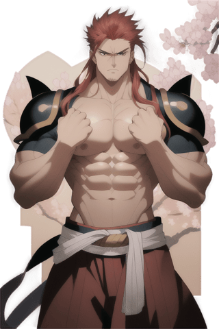 A majestic red haired samurai stands tall against a backdrop of cherry blossom trees, their fiery locks ablaze under the soft, golden light of dawn. The imposing warrior's chest is open, revealing scars and a sea of rippling huge muscles beneath the armor. His piercing gaze, fueled by an unyielding ferocity, seems to bore into the soul. As he strikes a powerful double biceps pose, his massive physique appears chiseled from the very mountains themselves.