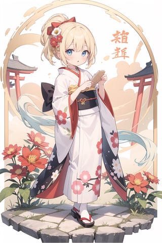 japanese_clothes, flower, kimono, 1girl, red_flower, solo, blonde_hair, white_kimono, blue_eyes, camellia, print_kimono, hair_ornament, wide_sleeves, sash, torii, holding, hair_flower, floral_print, tabi, looking_at_viewer, zouri, white_legwear, egasumi, obi, standing, blush, full_body, short_hair, cloud, socks, long_sleeves, red_bow, new_year, bow, pink_kimono, spider_lily, sandals,