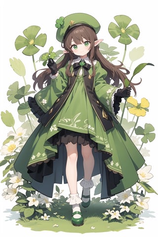 St. Patrick's Day, celts, Clover, formal hat, hat, solo, green_eyes, 1girl, long_hair, green_headwear, green_dress, brown_hair, long_sleeves, full_body, standing, smile, green_skirt, dress, looking_at_viewer, black_footwear, flower, socks, white_legwear, closed_mouth, white_flower, frills, wide_sleeves, shoes, pointy_ears, very_long_hair, bow, green_theme, gloves, green_footwear, black_gloves, sleeves_past_wrists, holding