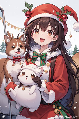 christmas, christmas ,1girl, animal, dog, hat, christmas, santa_hat, red_headwear, open_mouth, brown_eyes, brown_hair, smile, fur-trimmed_headwear, red_jacket, reindeer, looking_at_viewer, snowing, gloves, shiba_inu, holding, santa_costume, fur_trim, snow, teeth, tongue, long_sleeves,