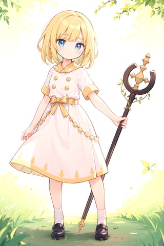 1girl, blue_eyes, solo, blonde_hair, dress, short_hair, full_body, staff, short_sleeves, standing, white_dress, shoes, no_socks, closed_mouth, frown, parted_bangs, blush