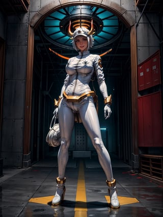 Just one woman, wearing white wick costume + golden armor, extremely tight and short, gigantic breasts, short hair, hair with bangs in front of her eyes, hat on her head, horns on her head, staring at the viewer, (((erotic pose interacting and leaning on something))), inside a giant robot with computers, control panel, machines, gears, visor showing a giant monster in a city, ((full body):1.5), 16k, UHD, best possible quality, ((ultra detailed):1.2), best possible resolution, Unreal Engine 5, professional photography, (((perfect_hands))), YamatoOP