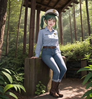 An ultra-detailed 8K masterpiece with fantasy and horror styles, rendered in ultra-high resolution with graphic detail. | Aya, a young 23-year-old woman, is dressed in a park ranger uniform consisting of a green and brown checkered shirt, blue jeans, brown leather boots and a green ranger hat. She has short ((blue hair)), with two pigtails held together by silver barrettes, and a disheveled cut. ((Her golden eyes shine as she looks at the viewer, smiling and showing her white teeth)). It is located in a forest temple, surrounded by tall trees and rock structures. Tree trunks and wooden structures complete the natural environment, while concrete structures blend into the environment. Night has fallen and heavy rain falls, creating a dark and macabre atmosphere in the forest. | The image highlights Aya's imposing and sensual figure, contrasting with the dark and frightening environment of the forest temple. The rock, wooden and concrete structures, together with the vegetation and trees, create a mixed natural and artificial environment. The temple's artificial lighting creates dramatic shadows and highlights the details of the scene. | Soft, shadowy lighting effects create a tense, fear-filled atmosphere, while detailed textures on skin, fabrics, and structures add realism to the image. | A sensual and terrifying scene of a young ranger in a forest temple, exploring themes of fantasy and horror. | (((The image reveals a full-body shot as Aya assumes a sensual pose, engagingly leaning against a structure within the scene in an exciting manner. She takes on a sensual pose as she interacts, boldly leaning on a structure, leaning back and boldly throwing herself onto the structure, reclining back in an exhilarating way.))). | ((((full-body shot)))), ((perfect pose)), ((perfect arms):1.2), ((perfect limbs, perfect fingers, better hands, perfect hands, hands)), ((perfect legs, perfect feet):1.2), ((perfect design)), ((perfect composition)), ((very detailed scene, very detailed background, perfect layout, correct imperfections)), Enhance, Ultra details++, More Detail, poakl