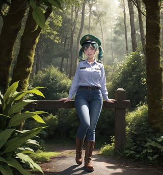 An ultra-detailed 8K masterpiece with fantasy and horror styles, rendered in ultra-high resolution with graphic detail. | Aya, a young 23-year-old woman, is dressed in a park ranger uniform consisting of a green and brown checkered shirt, blue jeans, brown leather boots and a green ranger hat. She has short ((blue hair)), with two pigtails held together by silver barrettes, and a disheveled cut. ((Her golden eyes shine as she looks at the viewer, smiling and showing her white teeth)). It is located in a forest temple, surrounded by tall trees and rock structures. Tree trunks and wooden structures complete the natural environment, while concrete structures blend into the environment. Night has fallen and heavy rain falls, creating a dark and macabre atmosphere in the forest. | The image highlights Aya's imposing and sensual figure, contrasting with the dark and frightening environment of the forest temple. The rock, wooden and concrete structures, together with the vegetation and trees, create a mixed natural and artificial environment. The temple's artificial lighting creates dramatic shadows and highlights the details of the scene. | Soft, shadowy lighting effects create a tense, fear-filled atmosphere, while detailed textures on skin, fabrics, and structures add realism to the image. | A sensual and terrifying scene of a young ranger in a forest temple, exploring themes of fantasy and horror. | (((The image reveals a full-body shot as Aya assumes a sensual pose, engagingly leaning against a structure within the scene in an exciting manner. She takes on a sensual pose as she interacts, boldly leaning on a structure, leaning back and boldly throwing herself onto the structure, reclining back in an exhilarating way.))). | ((((full-body shot)))), ((perfect pose)), ((perfect arms):1.2), ((perfect limbs, perfect fingers, better hands, perfect hands, hands)), ((perfect legs, perfect feet):1.2), ((perfect design)), ((perfect composition)), ((very detailed scene, very detailed background, perfect layout, correct imperfections)), Enhance, Ultra details++, More Detail, poakl