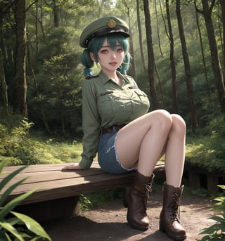 An ultra-detailed 8K masterpiece with fantasy and horror styles, rendered in ultra-high resolution with graphic detail. | Aya, a young 23-year-old woman, is dressed in a park ranger uniform consisting of a green and brown checkered shirt, blue jeans, brown leather boots and a green ranger hat. She has short ((blue hair)), with two pigtails held together by silver barrettes, and a disheveled cut. ((Her golden eyes shine as she looks at the viewer, smiling and showing her white teeth)). It is located in a forest temple, surrounded by tall trees and rock structures. Tree trunks and wooden structures complete the natural environment, while concrete structures blend into the environment. Night has fallen and heavy rain falls, creating a dark and macabre atmosphere in the forest. | The image highlights Aya's imposing and sensual figure, contrasting with the dark and frightening environment of the forest temple. The rock, wooden and concrete structures, together with the vegetation and trees, create a mixed natural and artificial environment. The temple's artificial lighting creates dramatic shadows and highlights the details of the scene. | Soft, shadowy lighting effects create a tense, fear-filled atmosphere, while detailed textures on skin, fabrics, and structures add realism to the image. | A sensual and terrifying scene of a young ranger in a forest temple, exploring themes of fantasy and horror. | (((The image reveals a full-body shot as Aya assumes a sensual pose, engagingly leaning against a structure within the scene in an exciting manner. She takes on a sensual pose as she interacts, boldly leaning on a structure, leaning back and boldly throwing herself onto the structure, reclining back in an exhilarating way.))). | ((((full-body shot)))), ((perfect pose)), ((perfect arms):1.2), ((perfect limbs, perfect fingers, better hands, perfect hands, hands)), ((perfect legs, perfect feet):1.2), ((perfect design)), ((perfect composition)), ((very detailed scene, very detailed background, perfect layout, correct imperfections)), Enhance, Ultra details++, More Detail, poakl