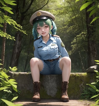 An ultra-detailed 8K masterpiece with fantasy and horror styles, rendered in ultra-high resolution with graphic detail. | Aya, a young 23-year-old woman, is dressed in a park ranger uniform consisting of a green and brown checkered shirt, blue jeans, brown leather boots and a green ranger hat. She has short ((blue hair)), with two pigtails held together by silver barrettes, and a disheveled cut. ((Her golden eyes shine as she looks at the viewer, smiling and showing her white teeth)). It is located in a forest temple, surrounded by tall trees and rock structures. Tree trunks and wooden structures complete the natural environment, while concrete structures blend into the environment. Night has fallen and heavy rain falls, creating a dark and macabre atmosphere in the forest. | The image highlights Aya's imposing and sensual figure, contrasting with the dark and frightening environment of the forest temple. The rock, wooden and concrete structures, together with the vegetation and trees, create a mixed natural and artificial environment. The temple's artificial lighting creates dramatic shadows and highlights the details of the scene. | Soft, shadowy lighting effects create a tense, fear-filled atmosphere, while detailed textures on skin, fabrics, and structures add realism to the image. | A sensual and terrifying scene of a young ranger in a forest temple, exploring themes of fantasy and horror. | (((The image reveals a full-body shot as Aya assumes a sensual pose, engagingly leaning against a structure within the scene in an exciting manner. She takes on a sensual pose as she interacts, boldly leaning on a structure, leaning back and boldly throwing herself onto the structure, reclining back in an exhilarating way.))). | ((((full-body shot)))), ((perfect pose)), ((perfect arms):1.2), ((perfect limbs, perfect fingers, better hands, perfect hands, hands)), ((perfect legs, perfect feet):1.2), ((perfect design)), ((perfect composition)), ((very detailed scene, very detailed background, perfect layout, correct imperfections)), Enhance, Ultra details++, More Detail, poakl