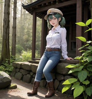 An ultra-detailed 8K masterpiece with fantasy and horror styles, rendered in ultra-high resolution with graphic detail. | Aya, a young 23-year-old woman, is dressed in a park ranger uniform consisting of a green and brown checkered shirt, blue jeans, brown leather boots and a green ranger hat. She has short ((blue hair)), with two pigtails held together by silver barrettes, and a disheveled cut. ((Her golden eyes shine as she looks at the viewer, smiling and showing her white teeth)). It is located in a forest temple, surrounded by tall trees and rock structures. Tree trunks and wooden structures complete the natural environment, while concrete structures blend into the environment. Night has fallen and heavy rain falls, creating a dark and macabre atmosphere in the forest. | The image highlights Aya's imposing and sensual figure, contrasting with the dark and frightening environment of the forest temple. The rock, wooden and concrete structures, together with the vegetation and trees, create a mixed natural and artificial environment. The temple's artificial lighting creates dramatic shadows and highlights the details of the scene. | Soft, shadowy lighting effects create a tense, fear-filled atmosphere, while detailed textures on skin, fabrics, and structures add realism to the image. | A sensual and terrifying scene of a young ranger in a forest temple, exploring themes of fantasy and horror. | (((The image reveals a full-body shot as Aya assumes a sensual pose, engagingly leaning against a structure within the scene in an exciting manner. She takes on a sensual pose as she interacts, boldly leaning on a structure, leaning back and boldly throwing herself onto the structure, reclining back in an exhilarating way.))). | ((((full-body shot)))), ((perfect pose)), ((perfect arms):1.2), ((perfect limbs, perfect fingers, better hands, perfect hands, hands)), ((perfect legs, perfect feet):1.2), ((perfect design)), ((perfect composition)), ((very detailed scene, very detailed background, perfect layout, correct imperfections)), Enhance, Ultra details++, More Detail, poakl