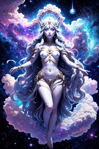 celestial goddess, floating, clouds,galaxy,nebula