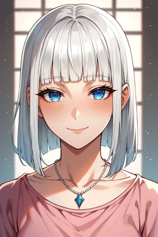 Score_9, Score_8_up, Score_7_up, Score_6_up, source_anime, best quality, 1girl, white hair, blunt ends, blunt bangs, medium hair, bobcut, beautiful detailed eyes, blue eyes, beautiful face, gentle smile, closed mouth, head tilt, pink clothes, necklace, soft light, upperbody, blush, masterpiece, gradient_hair