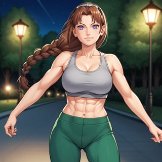 score_9, score_8_up, score_7_up, score_6_up, high quality, source_anime, anime coloring, BREAK, 1girl, mature female, brown hair, long hair, inverted bob, braid, forehead_protector, athletic, parted lips, yoga pants, green pants, fighter, smirk, looking at viewer, serious, fit, by masashi kishimoto, Colored_NarutoManga_ownwaifu, naruto artstyle, solo, blunt bangs, muscle, grey shirt, ninja, night, park, dynamic shot, 