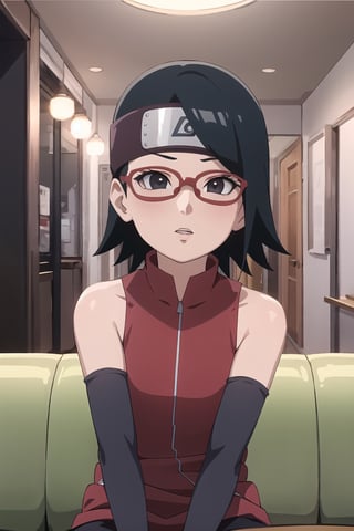 masterpiece, 1girl, (incoming_kiss), pov kiss, restaurant, close_up, Saradauchiha, beautiful, black_hair, black_eyes, short hair, perfect_eyes, indoors, cinematic lighting, bare shoulders, red-framed eyewear, atmospheric, looking_at_viewer, kissing_viewer, small_breasts, glasses, arm warmers, anime screencap, Naruto artstyle, pov date, Saradauchiha