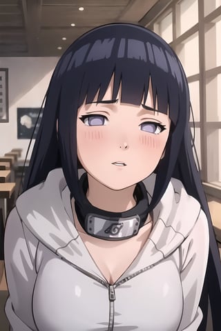 masterpiece, 1girl, (incoming_kiss), restaurant, close_up, hooded_cardigan, long_sleeves, beautiful, black_hair, grey_eyes, indoors, cinematic lighting, hinata, atmospheric, blunt_bangs, blush, looking_at_viewer, pov kiss, kissing_viewer, long_hair, hinata\(shippuden\), headband around neck, breasts