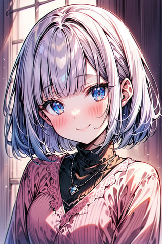 aestetic, best quality, 1girl, white hair, blunt ends, blunt bangs, medium hair, bobcut, beautiful detailed eyes, blue eyes, beautiful face, gentle smile, closed mouth, head tilt, pink clothes, necklace, soft light, upperbody, blush, masterpiece, gradient_hair,