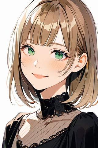 aestetic, best quality, 1girl, light brown hair, blunt ends, blunt bangs, medium hair, low ponytail, beautiful detailed eyes, green eyes, beautiful face, gentle smile, closed mouth, head tilt, black clothes, collarbone, soft light, upperbody, blush, masterpiece, gradient_hair, brown hair, himecut