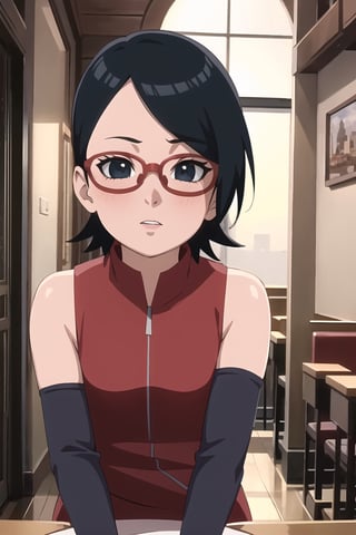 masterpiece, 1girl, (incoming_kiss), pov kiss, restaurant, close_up, Saradauchiha, beautiful, black_hair, black_eyes, short hair, perfect_eyes, indoors, cinematic lighting, bare shoulders, red-framed eyewear, atmospheric, looking_at_viewer, kissing_viewer, small_breasts, glasses, arm warmers, anime screencap, Naruto artstyle, pov date, Saradauchiha, blush