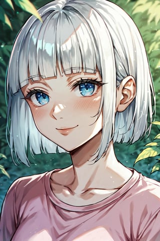 Score_9, Score_8_up, Score_7_up, Score_6_up, source_anime, best quality, 1girl, white hair, blunt ends, blunt bangs, medium hair, bobcut, beautiful detailed eyes, blue eyes, beautiful face, gentle smile, closed mouth, head tilt, natural lighting, pink shirt, soft light, upperbody, blush