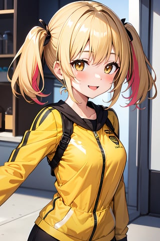 1girl, blonde hair, two side up, bolt print, blush, brown eyes, yellow clothes, brown clothes, colored tips, sports, smile, striped, best quality, multicolored hair black hair, twintails 