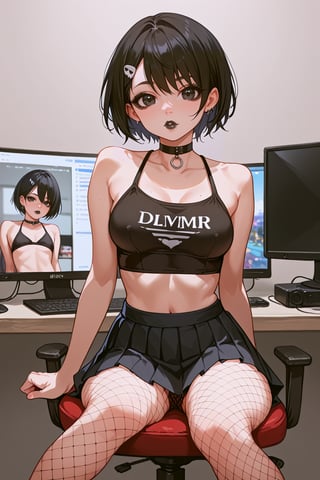 score_9, score_8_up, score_7_up, score_6_up, realism, high quality, best quality, masterpiece, 1girl, solo, medium breasts, fishnet pantyhose, black hair, short hair, teen, emo, make up, sitting, facing viewer, high detail, detailed, streamer, cosplayer, miniskirt, black miniskirt, microskirt, pleated skirt, narrow waist, skinny, indoors, screen light, wide hips, black choker, loli,