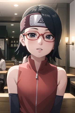 masterpiece, 1girl, (incoming_kiss), pov kiss, restaurant, close_up, Saradauchiha, beautiful, black_hair, black_eyes, short hair, perfect_eyes, indoors, cinematic lighting, bare shoulders,  red-framed eyewear, atmospheric, looking_at_viewer, forehead_protector, kissing_viewer, small_breasts, glasses, arm warmers, anime screencap, Naruto artstyle, pov date,Saradauchiha