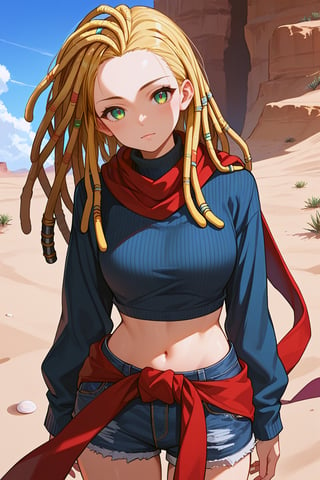 score_9, score_8_up, score_7_up, score_6_up, high quality, source_anime, by akira toriyama, BREAK, 1girl, blonde hair, (dreadlocks:1.2), forehead, red scarf, long sleeves, turtleneck sweater, dark blue sweater, midriff, denim shorts, green eyes, red clothes around waist,  cowboy shot, desert, outdoors, sand, day, looking at viewer, source_anime, solo, long hair