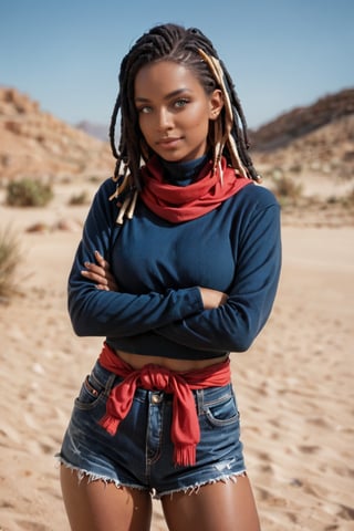 score_9, score_8_up, score_7_up, score_6_up, high quality, photorealistic, realistic, detailed, best quality, BREAK, 1girl,  tan, dark-skinned female, dark skin, blonde hair, (dreadlocks:1.2), forehead, red scarf, long sleeves, turtleneck sweater, dark blue sweater, midriff, denim shorts, green eyes, red cardigan around waist, ninja, crossed arms, cowboy shot, desert, outdoors, sand, sunny, looking at viewer, solo, long hair,