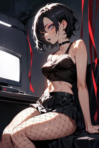 realism, high quality, best quality, masterpiece, 1girl, solo, medium breasts, fishnet pantyhose, black hair, short hair, teen, emo, make up, sitting, high detail, detailed, streamer, miniskirt, black miniskirt, microskirt, pleated skirt, narrow waist, skinny, indoors, screen light, wide hips, black choker, dark, 