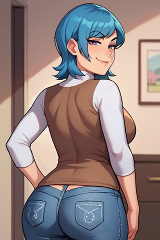 best quality, 1girl, blue hair, purple eyes, from behind, back, brown sweater, turtleneck, smug, white sleeves, looking at viewer, looking back, back, curvy, mature female, denim, medium hair, raglan sleeves white sleeves, raglan sleeves, BREAK, source_anime, score_9, score_8_up, score_7_up,gwen