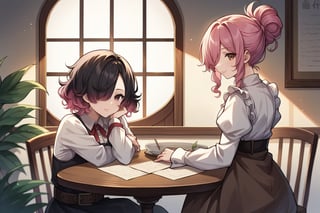 score_9, score_8_up, score_7_up, score_6_up, score_5_up, source_anime, 1girl, table, curly hair, gradient hair black hair, pink hair,  roots_(hair), hair over one eye, one eye covered, hair behind ear, white frilled shirt, masterpiece, best quality, puffy long sleeves, single hair bun, brown belt, sitting, medium hair, brown eyes, tabletop rpg, high hair bun