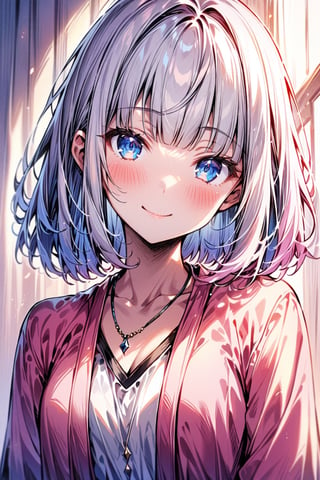 best quality, 1girl, white hair, blunt ends, blunt bangs, medium hair, bobcut, beautiful detailed eyes, blue eyes, beautiful face, gentle smile, closed mouth, head tilt, pink clothes, necklace, soft light, upperbody, blush, masterpiece, gradient_hair,