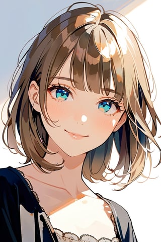 aestetic, best quality, 1girl, light brown hair, blunt ends, blunt bangs, medium hair, low ponytail, beautiful detailed eyes, blue eyes, beautiful face, gentle smile, closed mouth, head tilt, black clothes, collarbone, soft light, upperbody, blush, masterpiece, gradient_hair, brown hair