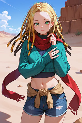 score_9, score_8_up, score_7_up, score_6_up, high quality, source_anime, BREAK, 1girl, blonde hair, (dreadlocks:1.2), forehead, red scarf, long sleeves, turtleneck sweater, dark blue sweater, midriff, denim shorts, green eyes, red cardigan around waist,  cowboy shot, desert, outdoors, sand, sunny, looking at viewer, source_anime, solo, long hair