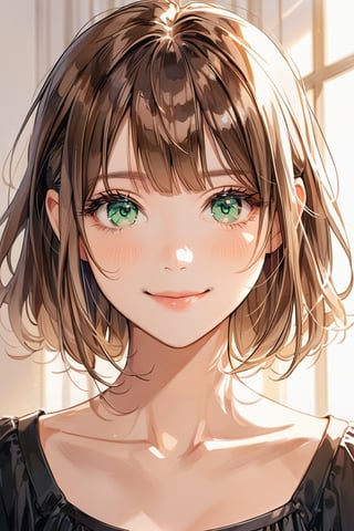 aestetic, best quality, 1girl, light brown hair, blunt ends, blunt bangs, medium hair, low ponytail, beautiful detailed eyes, green eyes, beautiful face, gentle smile, closed mouth, head tilt, black clothes, collarbone, soft light, upperbody, blush, masterpiece, gradient_hair, brown hair, himecut