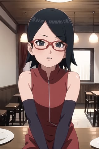 masterpiece, 1girl, (incoming_kiss), pov kiss, restaurant, close_up, Saradauchiha, beautiful, black_hair, black_eyes, short hair, perfect_eyes, indoors, cinematic lighting, bare shoulders, red-framed eyewear, atmospheric, looking_at_viewer, kissing_viewer, small_breasts, glasses, arm warmers, anime screencap, Naruto artstyle, pov date, Saradauchiha