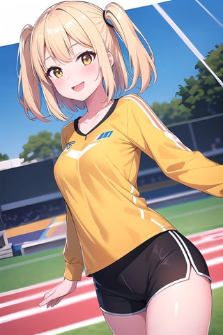 1girl,  two-tone hair blonde hair black hair, blonde hair, two side up,, {roots_(hair)} , bolt print, blush, brown eyes, yellow clothes, brown clothes, smile, striped, best quality, sports, shorts