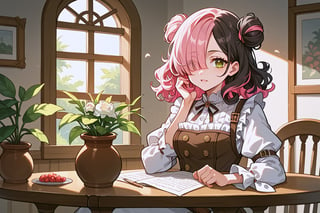 score_9, score_8_up, score_7_up, score_6_up, score_5_up, source_anime, 1girl, table, curly hair, multicolored hair black hair, pink hair,  roots_(hair), hair over one eye, one eye covered, hair behind ear, white frilled shirt, masterpiece, best quality, puffy long sleeves, single_hair_bun, brown belt, sitting, medium hair, brown eyes