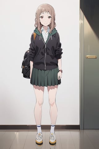 Visual Anime, masterpiece, best quality, @Komiya, Komiya_Ena, 1girl, solo, breasts, 20 y.o, brown hair, smile, closed mouth, white collar shirt, V Neck Sleeveless Sweater , Black Jaket, Green Hoodie, (half Long Skirt), knee length skirt, backpack, white background, fullbody, standing, shoes, white sock, clean background, long shoot, roll sleeve