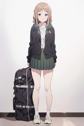 Visual Anime, masterpiece, best quality, @Komiya, Komiya_Ena, 1girl, solo, breasts, 20 y.o, brown hair, smile, closed mouth, white collar shirt, Black Jaket, Green Hoodie, skirt, Long Green skirt, Long Green Kirt, camera bag, white background, fullbody, standing, shoes, white sock, clean background, long shoot, hal sleeve